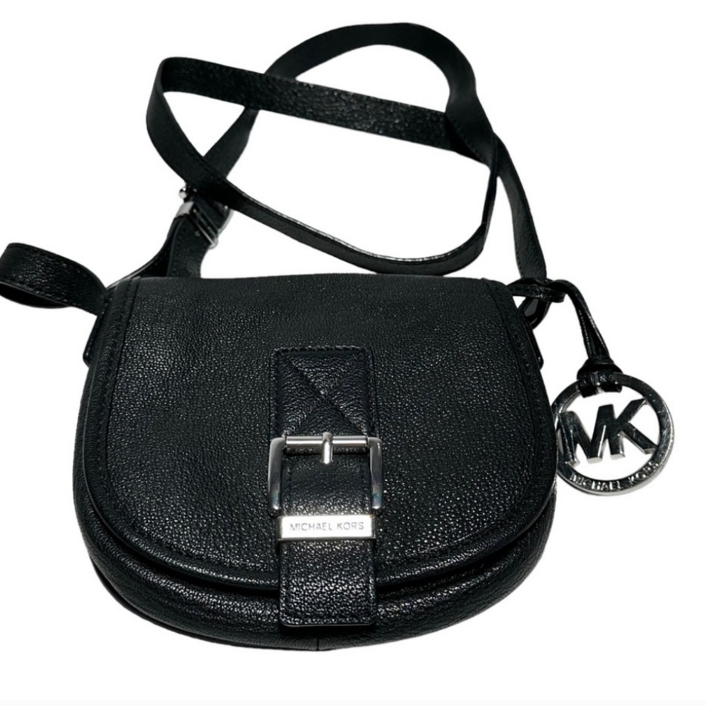 Michael Kors Black Pebbled Leather Saddle Crossbody with Silver MK Charm
